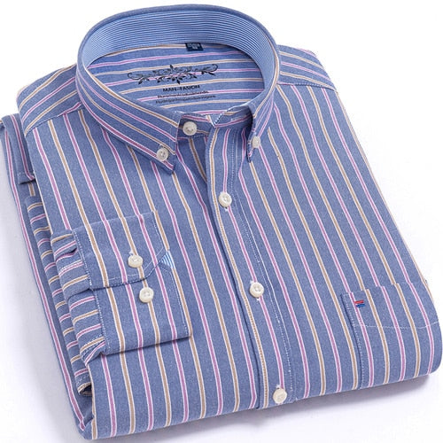 Men's Long Sleeve Plaid/Striped Oxford Dress Shirt Single Patch