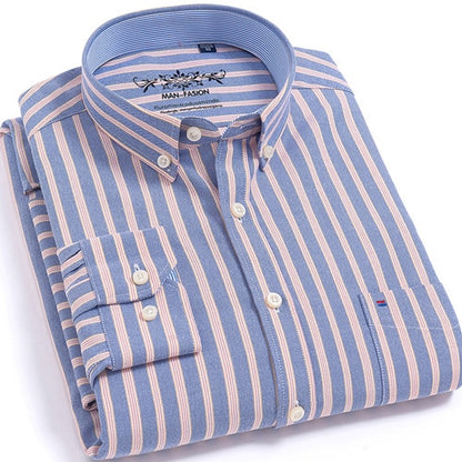 Men's Long Sleeve Plaid/Striped Oxford Dress Shirt Single Patch