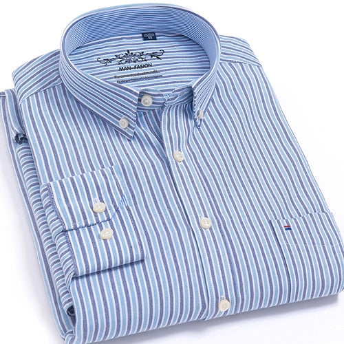 Men's Long Sleeve Plaid/Striped Oxford Dress Shirt Single Patch