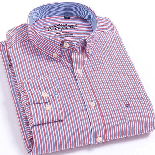 Men's Long Sleeve Plaid/Striped Oxford Dress Shirt Single Patch