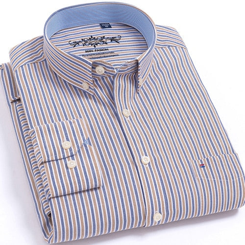 Men's Long Sleeve Plaid/Striped Oxford Dress Shirt Single Patch