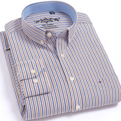 Men's Long Sleeve Plaid/Striped Oxford Dress Shirt Single Patch