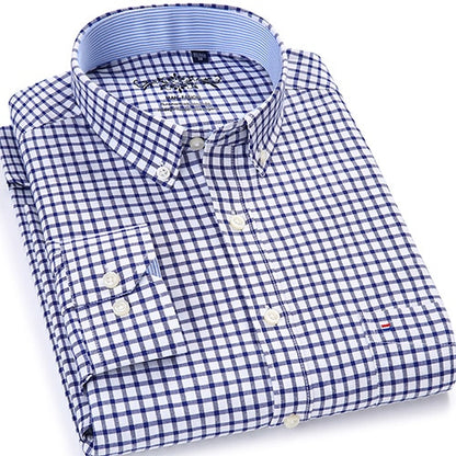 Men's Long Sleeve Plaid/Striped Oxford Dress Shirt Single Patch