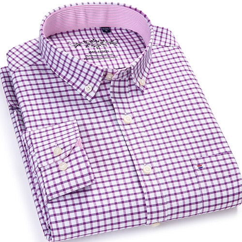 Men's Long Sleeve Plaid/Striped Oxford Dress Shirt Single Patch