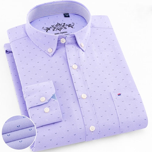Men's Long Sleeve Plaid/Striped Oxford Dress Shirt Single Patch