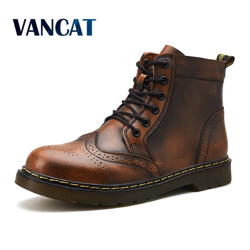 Vancat  High Quality Genuine Leather Men Boots Winter Waterproof Ankle Boots Riding Boots