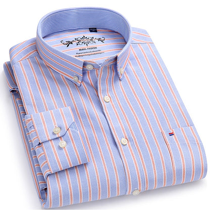 Men's Long Sleeve Plaid/Striped Oxford Dress Shirt Single Patch