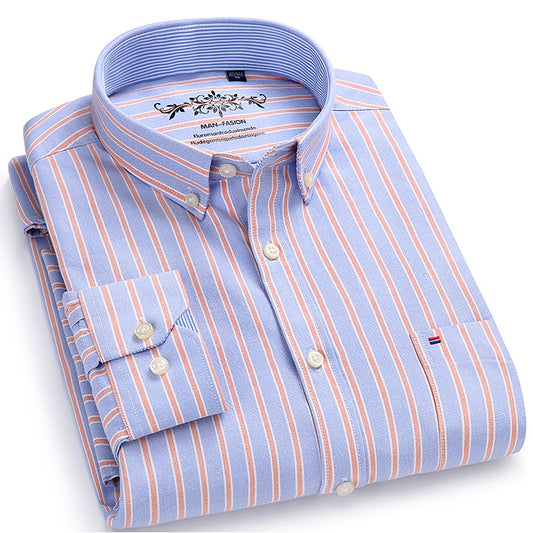 Men's Long Sleeve Plaid/Striped Oxford Dress Shirt Single Patch