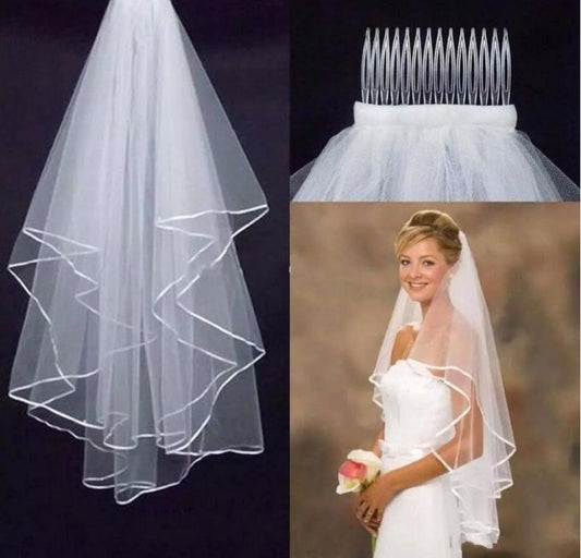 Short Bridal Veils Two Layers 75 cm Length Ribbon Edge Wedding Veil With
