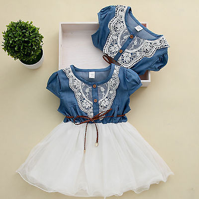 Princess Girls Baby Kids Lace Belt Denim Tulle Stitching Dresses Age 1-6Y