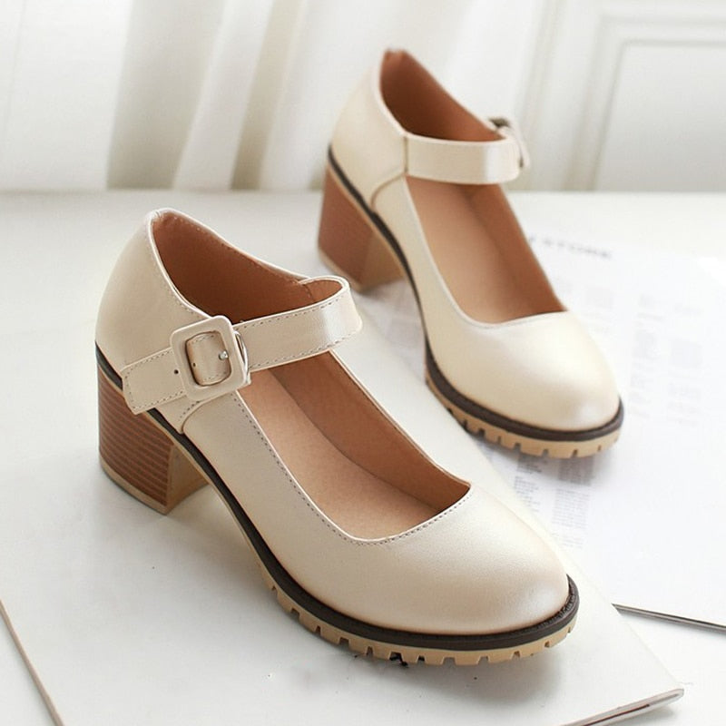 Meotina Shoes Women Round Toe Spring Pumps Chunky High Heels Mary Jane Causal Ladies Shoes