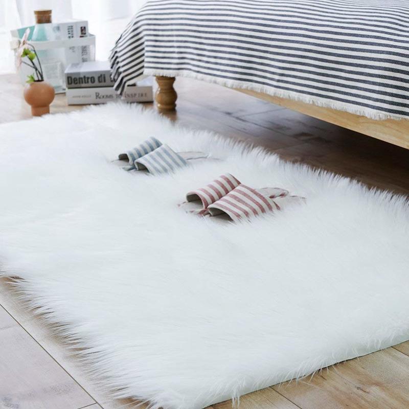 Enipate White Faux Sheepskin Wool Rug Fluffy Hairy Wool Carpet Seat Pad
