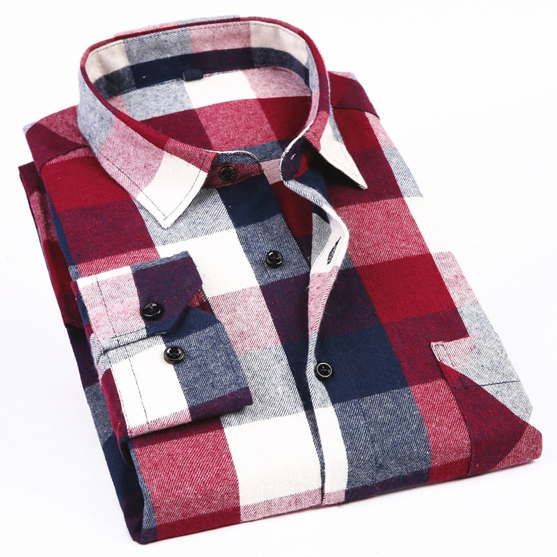 Men's Long Sleeve Flannel Plaid Shirt 100% Cotton Spring Festival Autumn Soft Comfortable Men Social