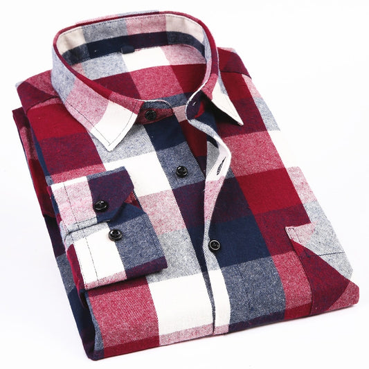 Men's Long Sleeve Flannel Plaid Shirt 100% Cotton Spring Festival Autumn Soft Comfortable Men Social