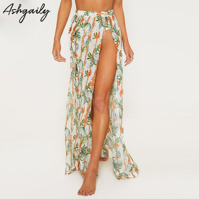2019 New Bikini Beach Skirt Tunics for Beach Long Leaves Print Bikini Cover up