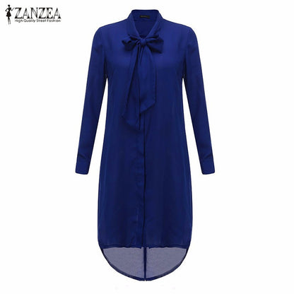2016 ZANZEA Fashion Blusas Femininas Women Shirt Dress Bow Long Sleeve Casual