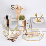 Retro Brass Makeup Storage Tray Golden Polygon Glass Dessert Snack Plate Makeup