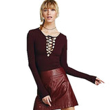 Hollow out Strappy Front Women Autumn Plus Size Lace Up Causal Long Sleeve
