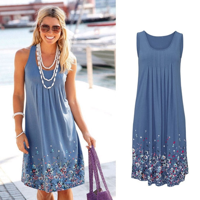 Sleeveless Floral Print Loose Summer Dress Fashion Six Colors Casual Women Dress Robe