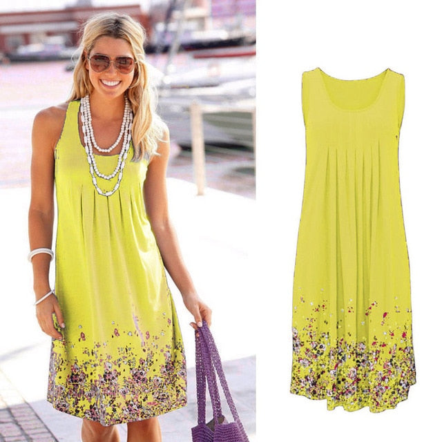 Sleeveless Floral Print Loose Summer Dress Fashion Six Colors Casual Women Dress Robe