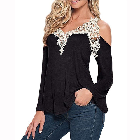 Sexy Women's Spring and Summer V Neck Long Sleeve Lace Hollow out Crochet Blouse blusa