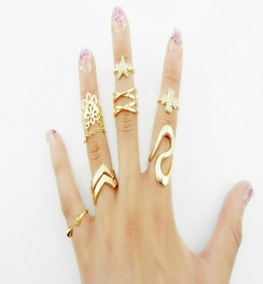 European Fashion Exaggeration Punk Rings Star Clover Flower Rhinestone 7 Pcs/Set Open Rings - Shopy Max