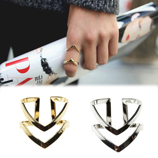 Fashion Gold Silver Plated Double V-shaped Half Opened Adjustable Vintage Woman Rings Charming Jewelery RING-0239