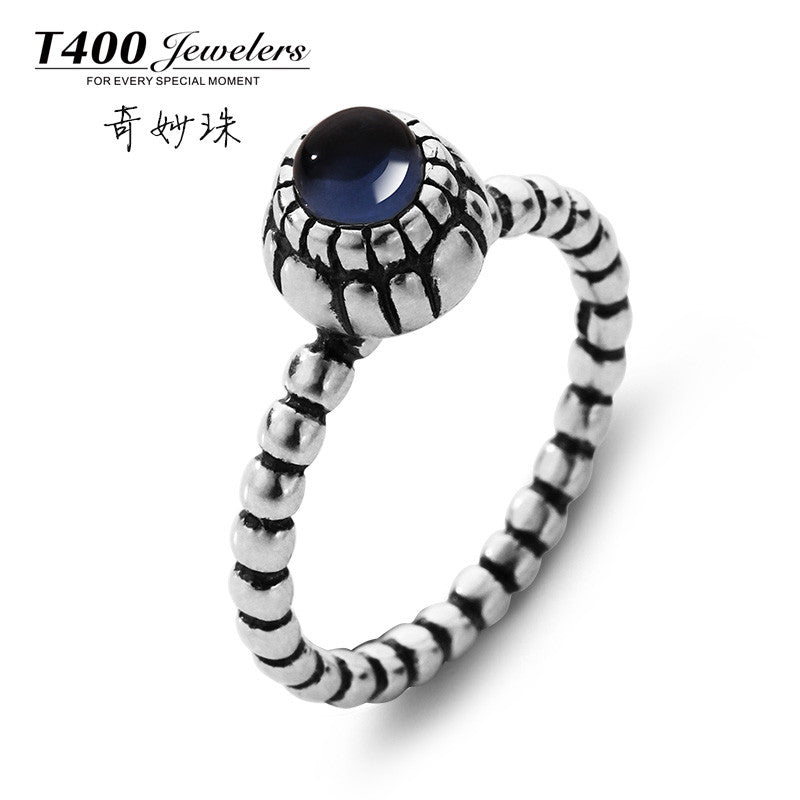 T400 beads vintage s925 silver jewelry blue colored glaze ring lovers ring - Shopy Max