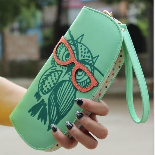 Wallets Purse Cute Owl Glasses Hit Color Printing Korean Rounded Zipper Long Women