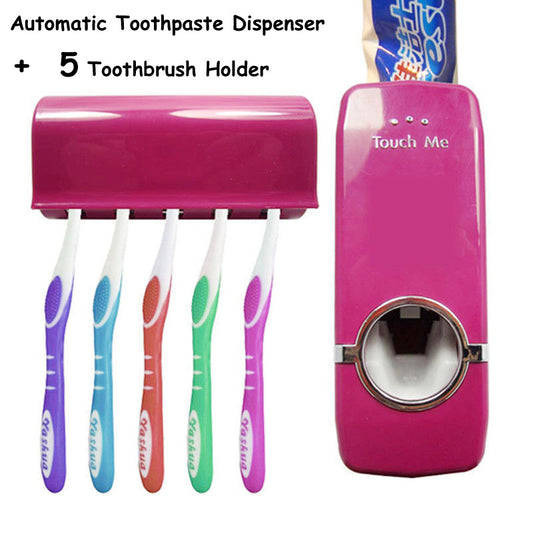 Free Shipping High Quality Rose Color Wall Mount Rack Automatic Toothpaste Dispenser +5 Toothbrush Holder - Shopy Max