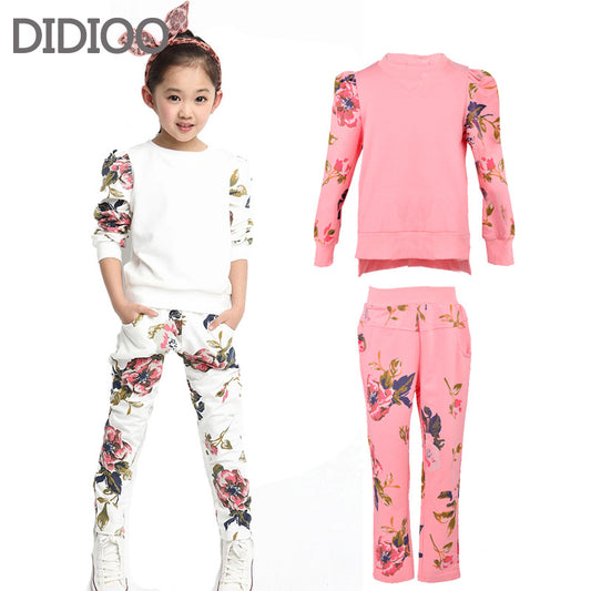 Girls autumn sets baby outfits kids clothes long sleeve floral print pullover top & sprot pants children clothing set size 2-14 - Shopy Max