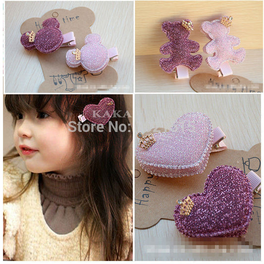2pcs/set Baby Girls Hair Accessories Sequin  Heart Bear Shiny Fabrics And Crown Hair - Shopy Max