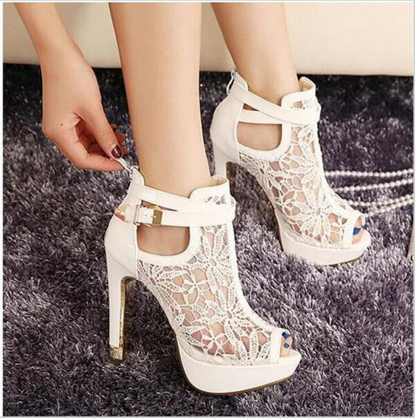 2016 new sexy high heels Lace Women Platform Pums Sandals White Mesh - Shopy Max