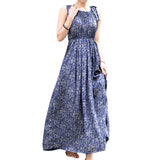 2016 Summer Fashion Wome O-Neck  Sleeveless Long Dress Vintage Boho Floral Printed Elastic Waist
