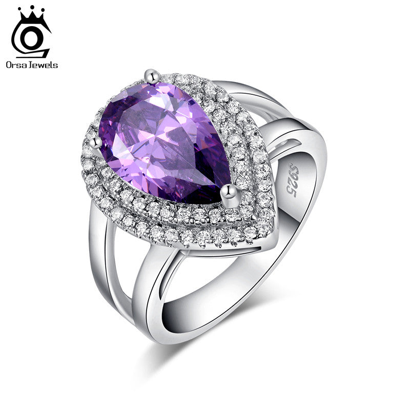 Big Luxury Water Drop 6 ct Amethyst Zircon Ring 3 Prong Setting with Mirco CZ Stone Around 925 Sterling Silver Ring OR36