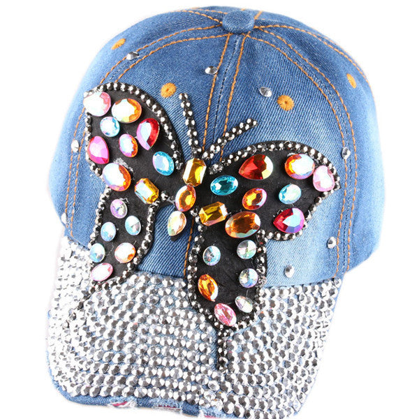 High quality Full Crystal Colorful Big Butterfly Denim Baseball Cap Bling Rhinestone hip hop Adjustable Snapback Hat for women