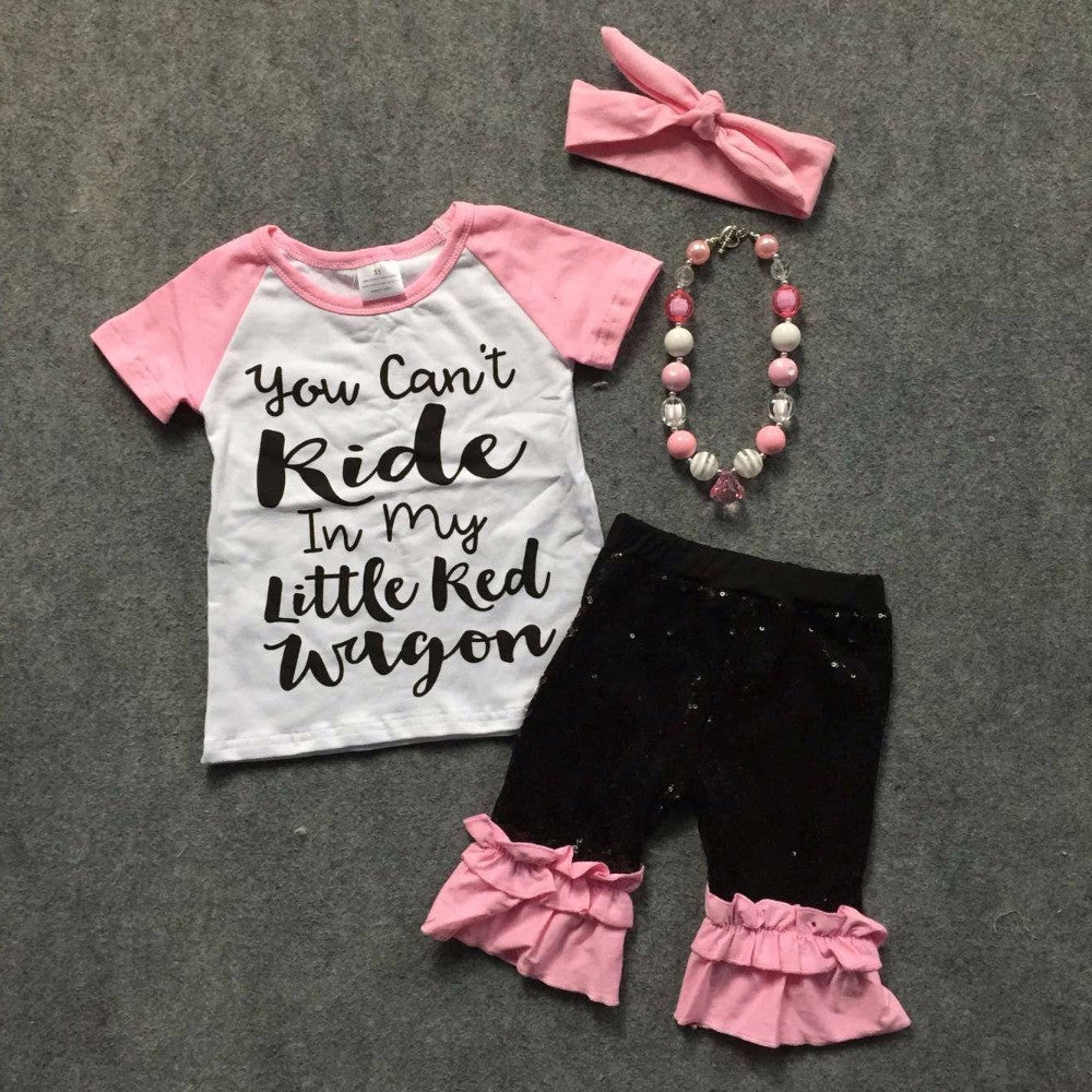 Girls Fashion Spring/Summer design short sleeves pink black shirt  pink ruffle - Shopy Max