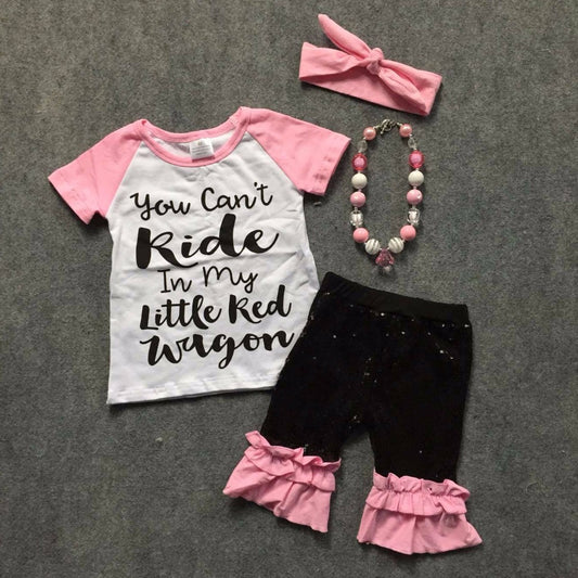 Girls Fashion Spring/Summer design short sleeves pink black shirt  pink ruffle - Shopy Max