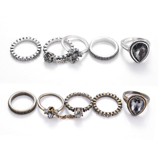 Latest design vintage style 5 pieces/set austrian crystal fashion rings silver mid finger rings for women men - Shopy Max