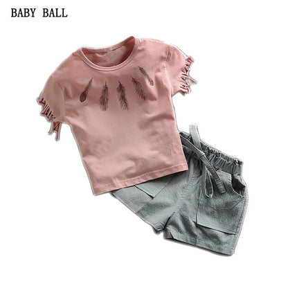 Girls Summer Casual Clothes Set Children Short Sleeve T-shirt + Short Pants Sport - Shopy Max