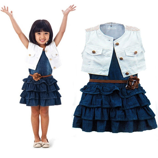 Girl Clothes, Blue Denim Dress + White Vest Children Clothing Sets Kids Girls Sets Girls - Shopy Max