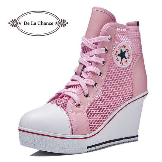 De La Chance New 2016 Fashion Mesh Wedge Heel Shoes Flats Women Breathable Shoes Woman High Top