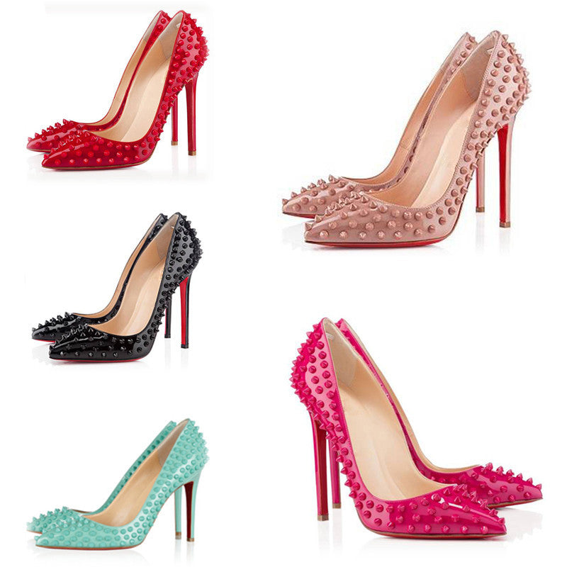Pumps Red Bottom High Heels Sexy Point Toe Red Bottom Ladies High Heels Rivet Patent - Shopy Max