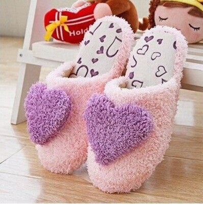 Fashion Soft Sole Woman Indoor Floor Slippers Shoes Antiskid Warm Winter Shoe Big love Hearts Bottom Plush - Shopy Max