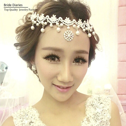 Luxury Lace Pearl Frontlet, Women Bridal hair jewelry. Party Prom Hair Jewelry - Shopy Max