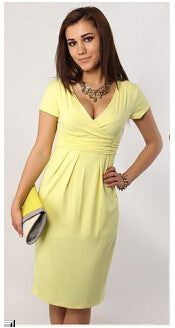 Hot Sales 2016 Women Summer Elegant Dress V-neck Short Sleeve Work Office Party Slim Casual