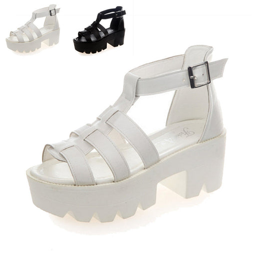 New Summer Lady Strappy Platform Block Heel Chunky Pure Buckle Leather