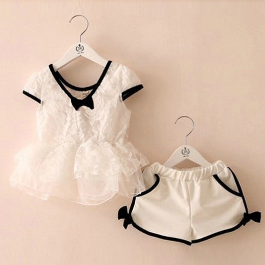 Girls Kids Bow Short Sleeve T-shirts+ Shorts Set 2pcs Outfits Child Suits 2-7Y - Shopy Max