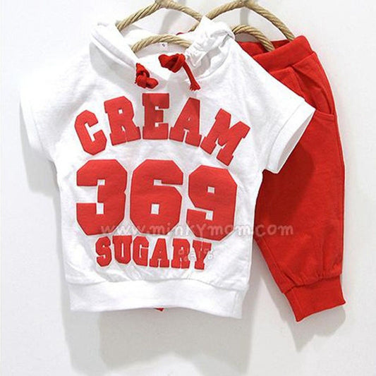 New 2016 summer children clothing set girls boys clothes baby wear kids sport suits T-shirt+pant CREAM 369 SUGARY