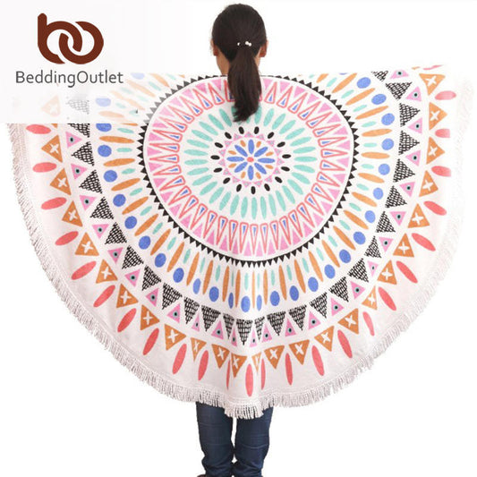 BeddingOutlet Round Beach Towel Pink Large Microfiber 150cm Diameter Soft Towels With Tassels Bohemia Printed